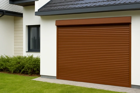 Cortinas de aluminio pintadas símil madera: estilo cálido con resistencia superior Cortina enrollable de aluminio pintada símil madera instalada en fachada elegante, combinando estética natural y durabilidad estructural